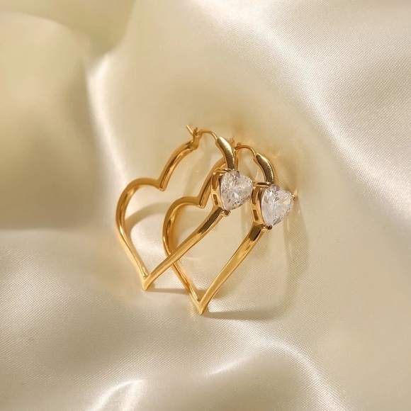 18K Gold Plated Heart Cubic Zirconia Hoop Earrings - Picture 1 of 8
